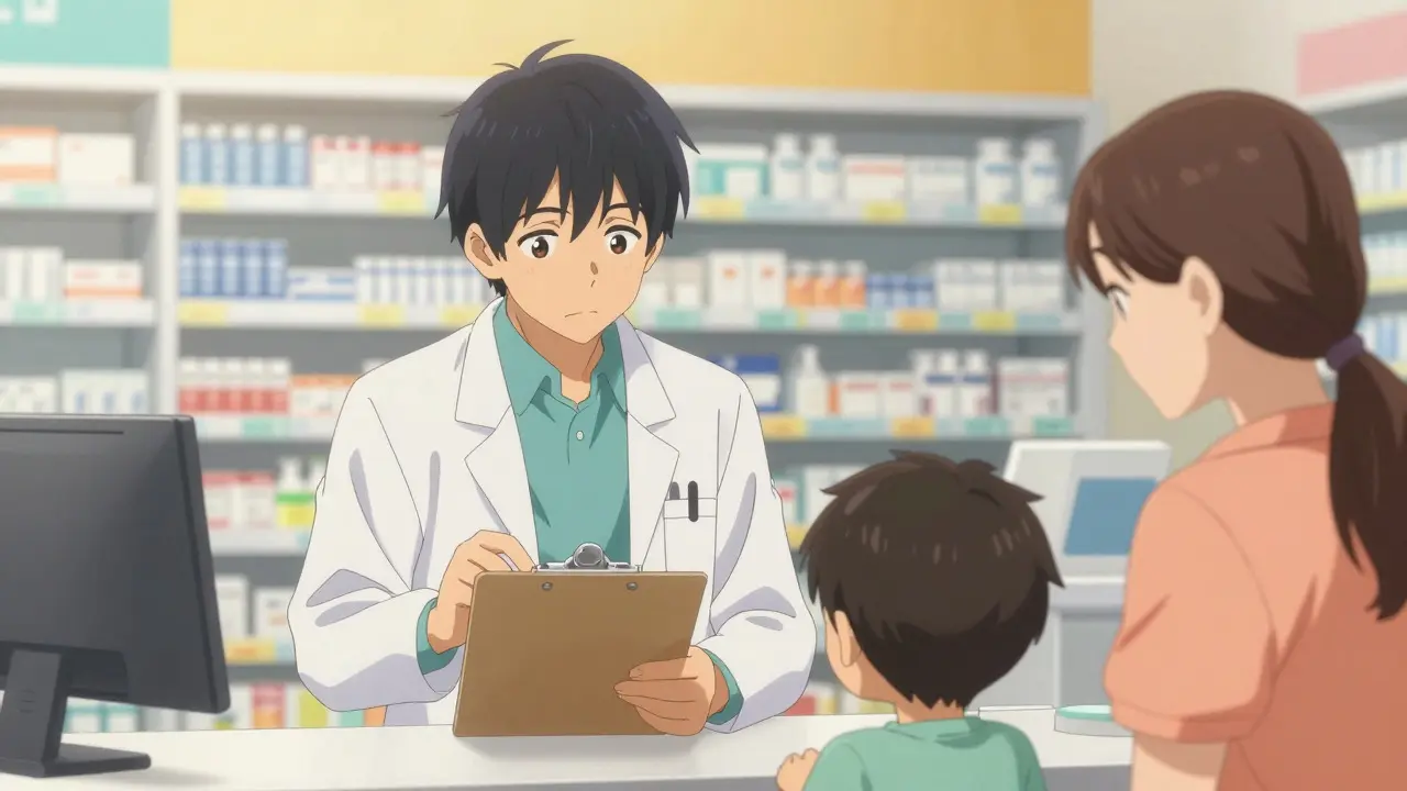 Pharmacist and doctor consulting with a parent and child in an anime setting