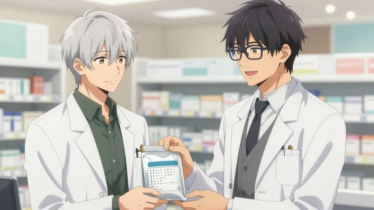 Pharmacist handing accessible meds to senior patient