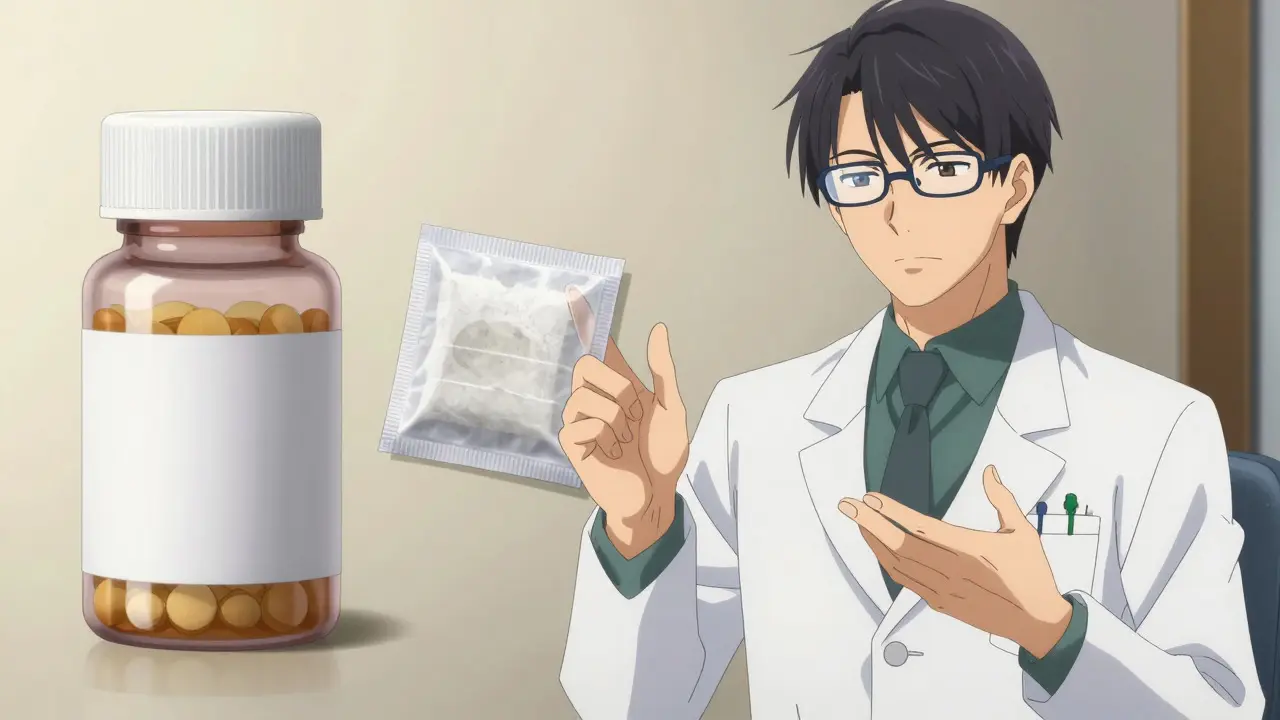 Stylish anime pharmacist explaining medication storage safety with bottles and boxes.