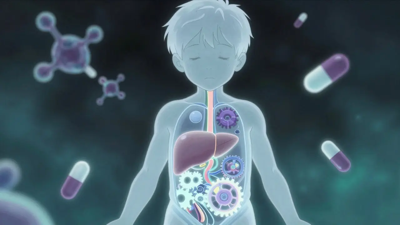 Stylized illustration of a child's internal liver enzymes processing medication