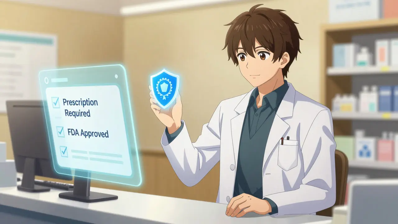 Trustworthy pharmacist presenting safety verification shield