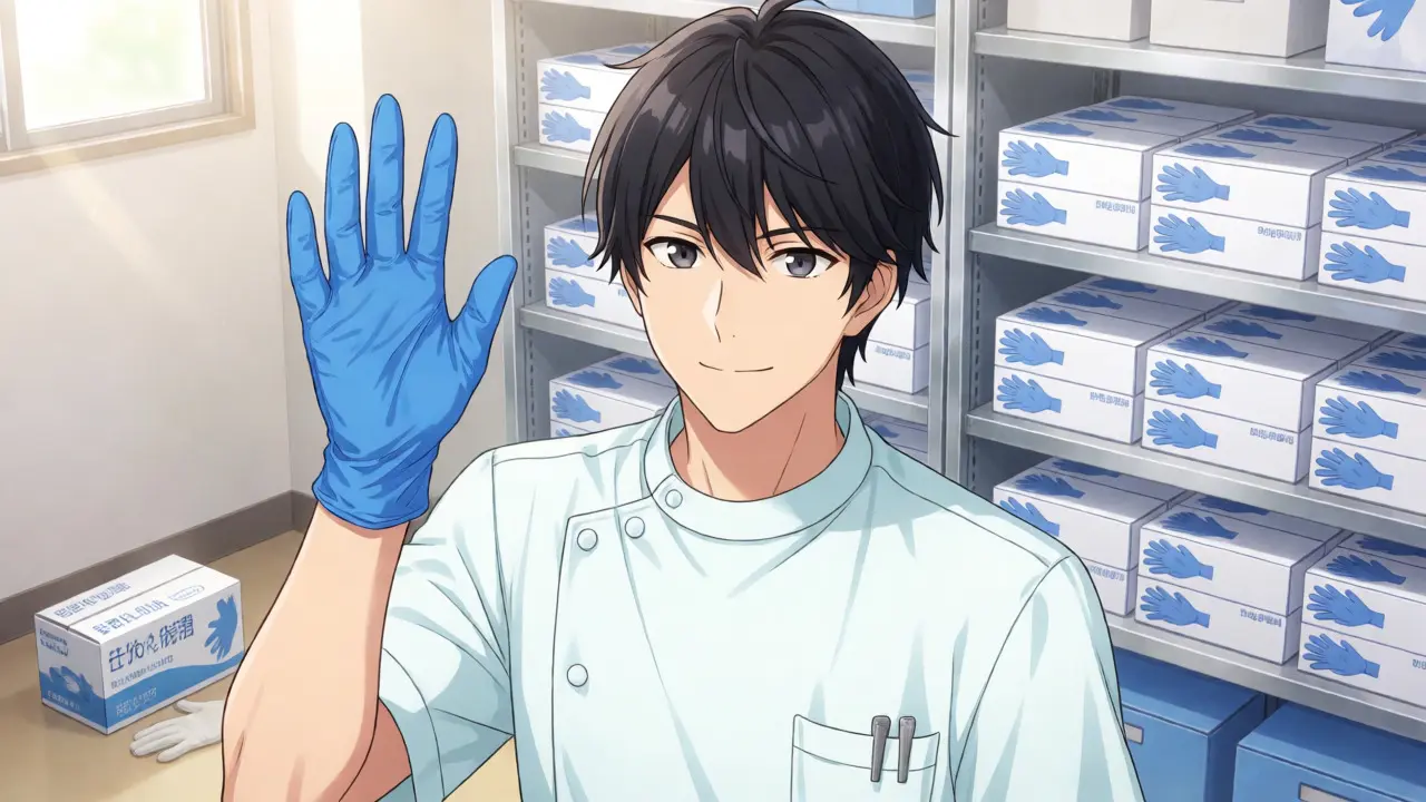 A stylish anime healthcare worker holding a safe blue nitrile glove in a supply room.