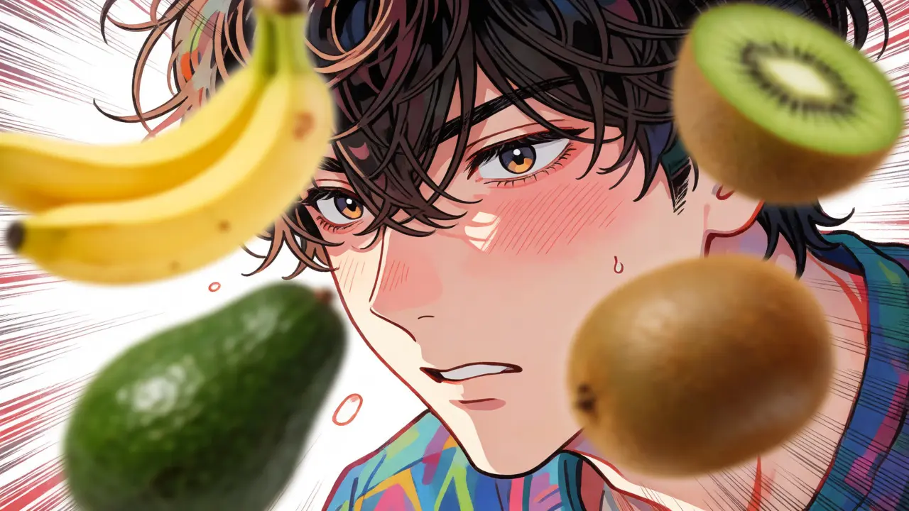 An anime character showing allergic symptoms surrounded by floating fruit imagery.