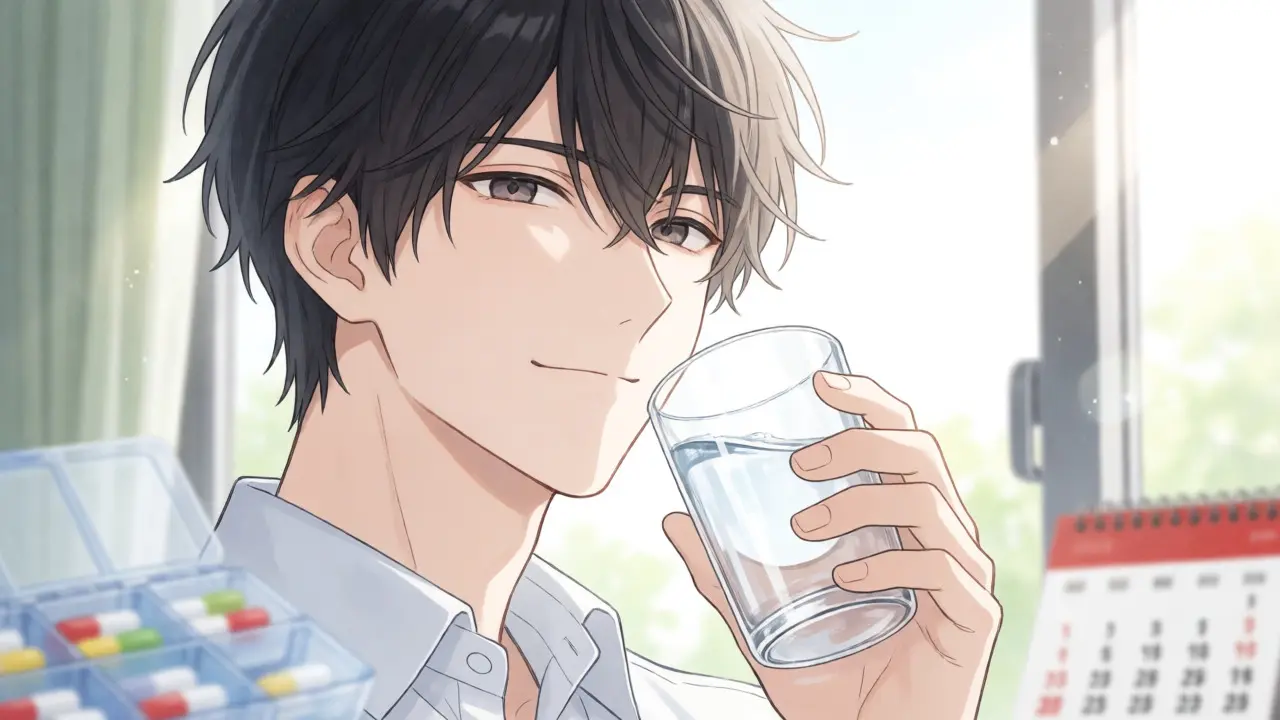 Man taking medication with water, serene anime portrait
