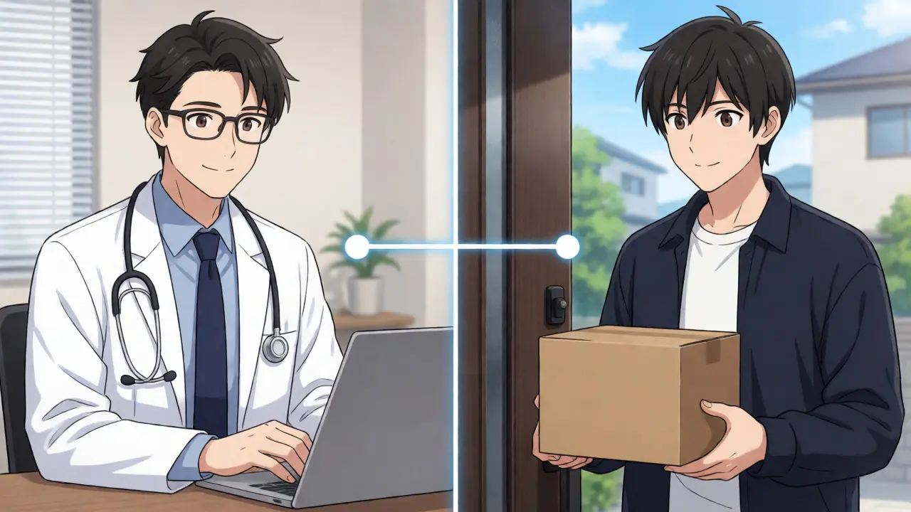 Telehealth doctor on screen and man receiving package